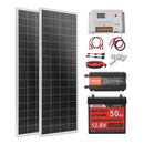 VEVOR Kit Solaire Complet Hors Réseau 200 W 12 V 2 Panneaux Solaires Monocristallins 100 W, Batterie LiFePO₄ 12,8 V 50 Ah, Contrôleur de Charge 40 A, Onduleur 800 W, pour Camping-car, Maison, Bateau