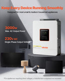 VEVOR Onduleur Hybride 3000 W Onduleur Solaire Hybride 24 V CC à 230 V CA Compatible Batterie Plomb-acide Lithium pour Systèmes Hors Réseau, Onde Sinusoïdale Pure Contrôleur Charge MPPT 80 A Intégré - image 3