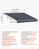 VEVOR Store Banne Manuel 350x300 cm Auvent Rétractable pour Terrasse et Balcon, Extérieur, Devantures de Cafés, de Restaurants, de Boutiques, avec Manivelle, Angle d'Inclinaison 45°-85°, Gris Foncé - image 8