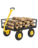 VEVOR Chariot Jardin Acier 544 kg Chariot Transport Robuste Jaune et Noir, pour Fermes, Entrepôts, 2 en 1 Remorque ou Tractable en Métal, avec 4 Pneus Tout-terrain 33 cm, Côtés Amovibles, Poignée 180°